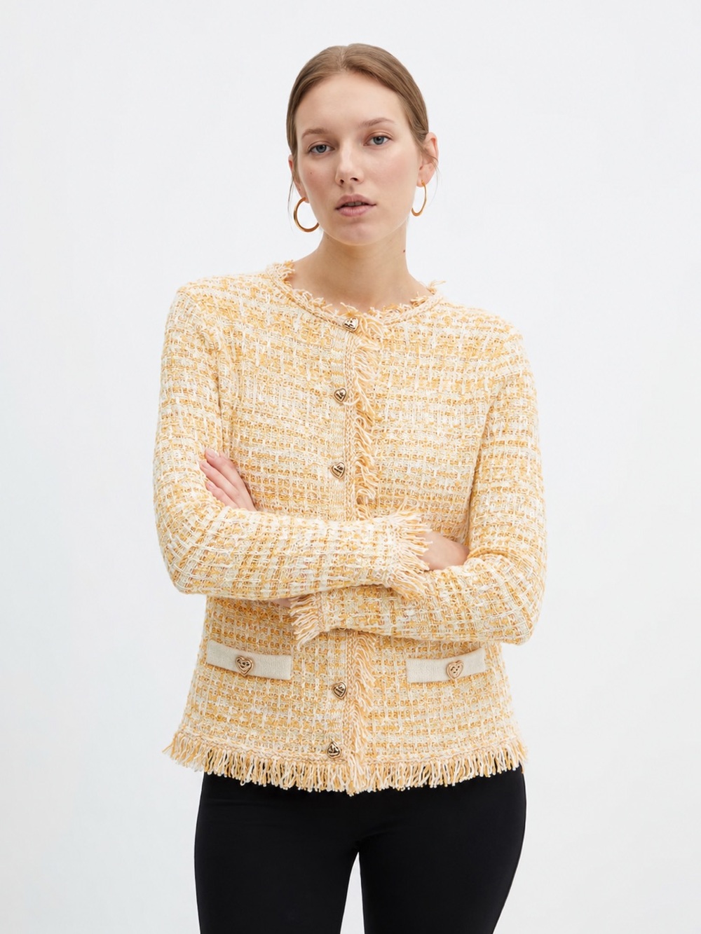MNG Pastel Yellow Tweed Fringe Cardigan Jacket – Size Medium